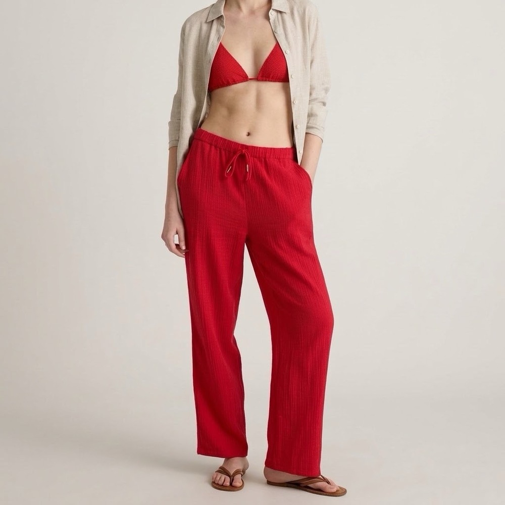 Quince Organic Cotton Gauze Straight Leg Pants Red Pull On Drawstring Pockets S